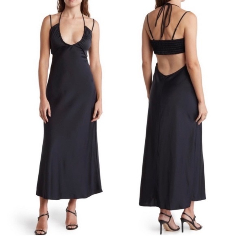 NWT: A.L.C. Sienna Strappy Satin Slip Midi Dress Black Women 8 Wedding Gown Maxi